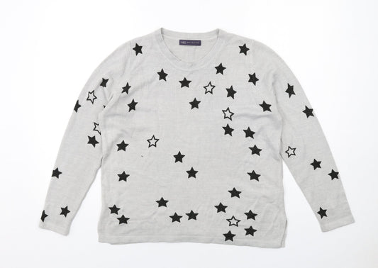 Marks and Spencer Womens Grey Round Neck Geometric Acrylic Pullover Jumper Size 14 - Star Pattern