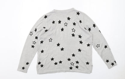 Marks and Spencer Womens Grey Round Neck Geometric Acrylic Pullover Jumper Size 14 - Star Pattern