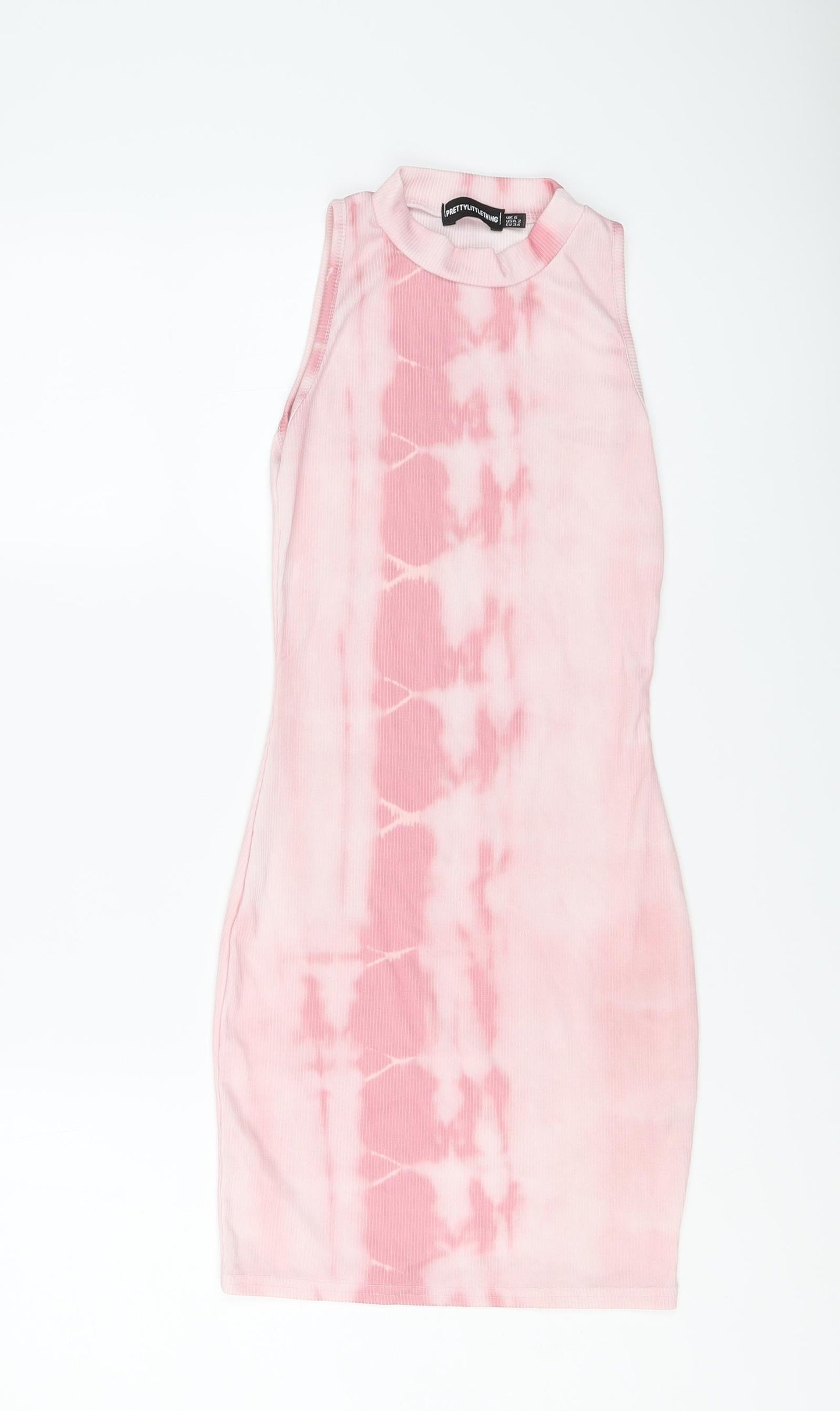 PRETTYLITTLETHING Womens Pink Geometric Polyester Bodycon Size 6 Mock Neck Pullover