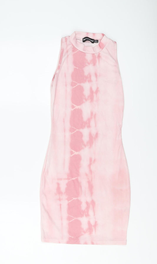 PRETTYLITTLETHING Womens Pink Geometric Polyester Bodycon Size 6 Mock Neck Pullover