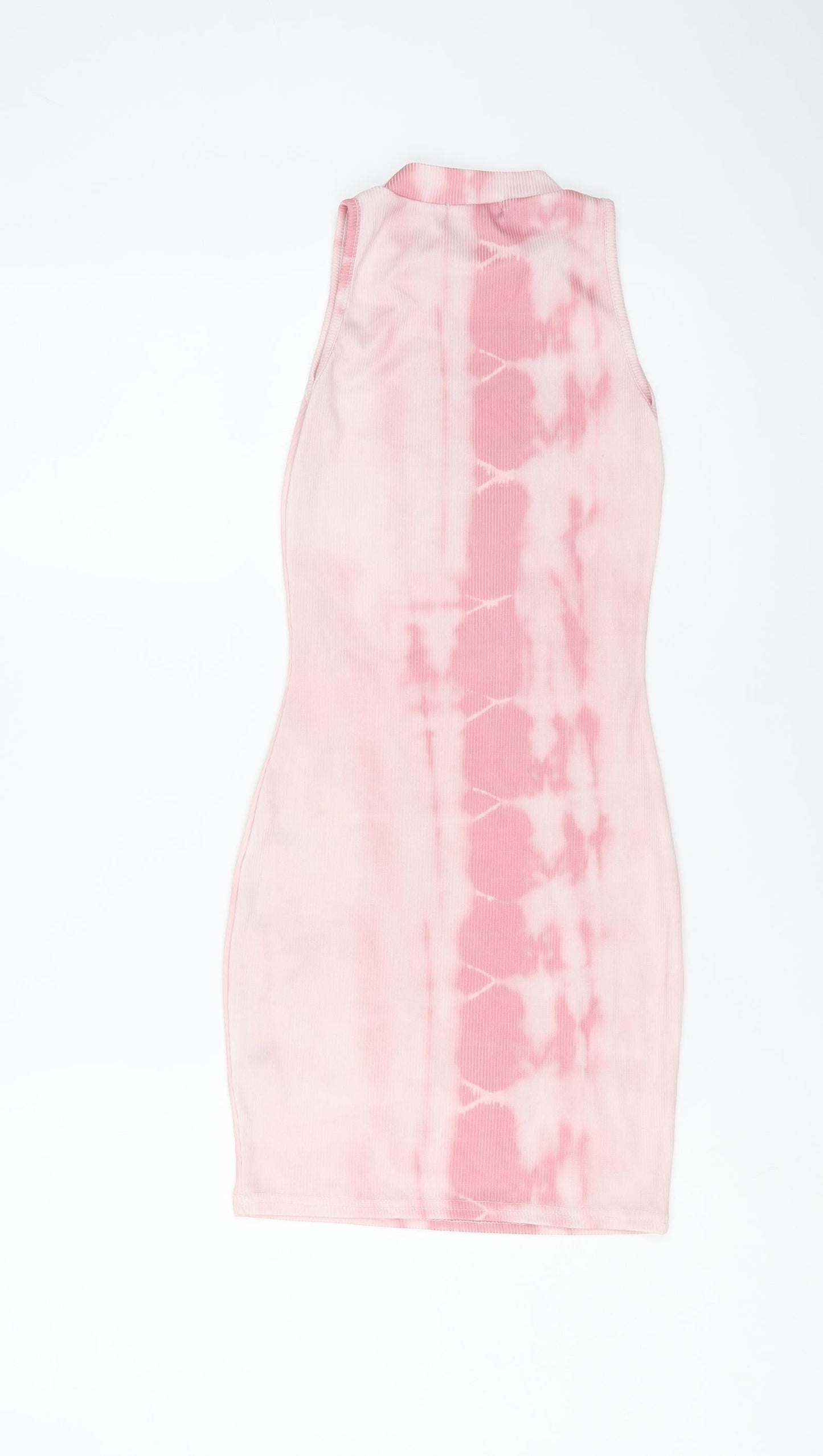 PRETTYLITTLETHING Womens Pink Geometric Polyester Bodycon Size 6 Mock Neck Pullover