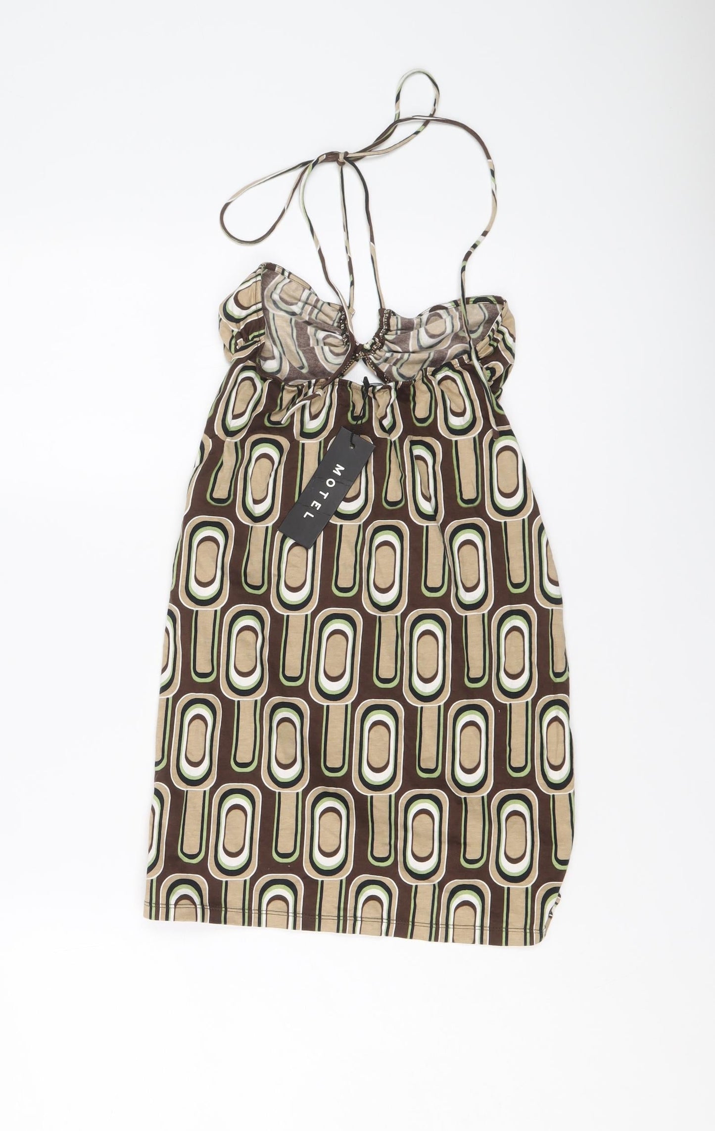 Motel Womens Brown Geometric Cotton Mini Size S Halter Pullover