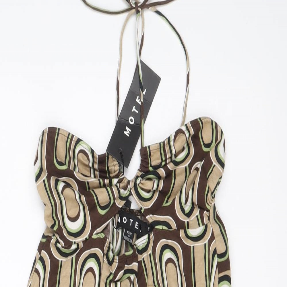 Motel Womens Brown Geometric Cotton Mini Size S Halter Pullover