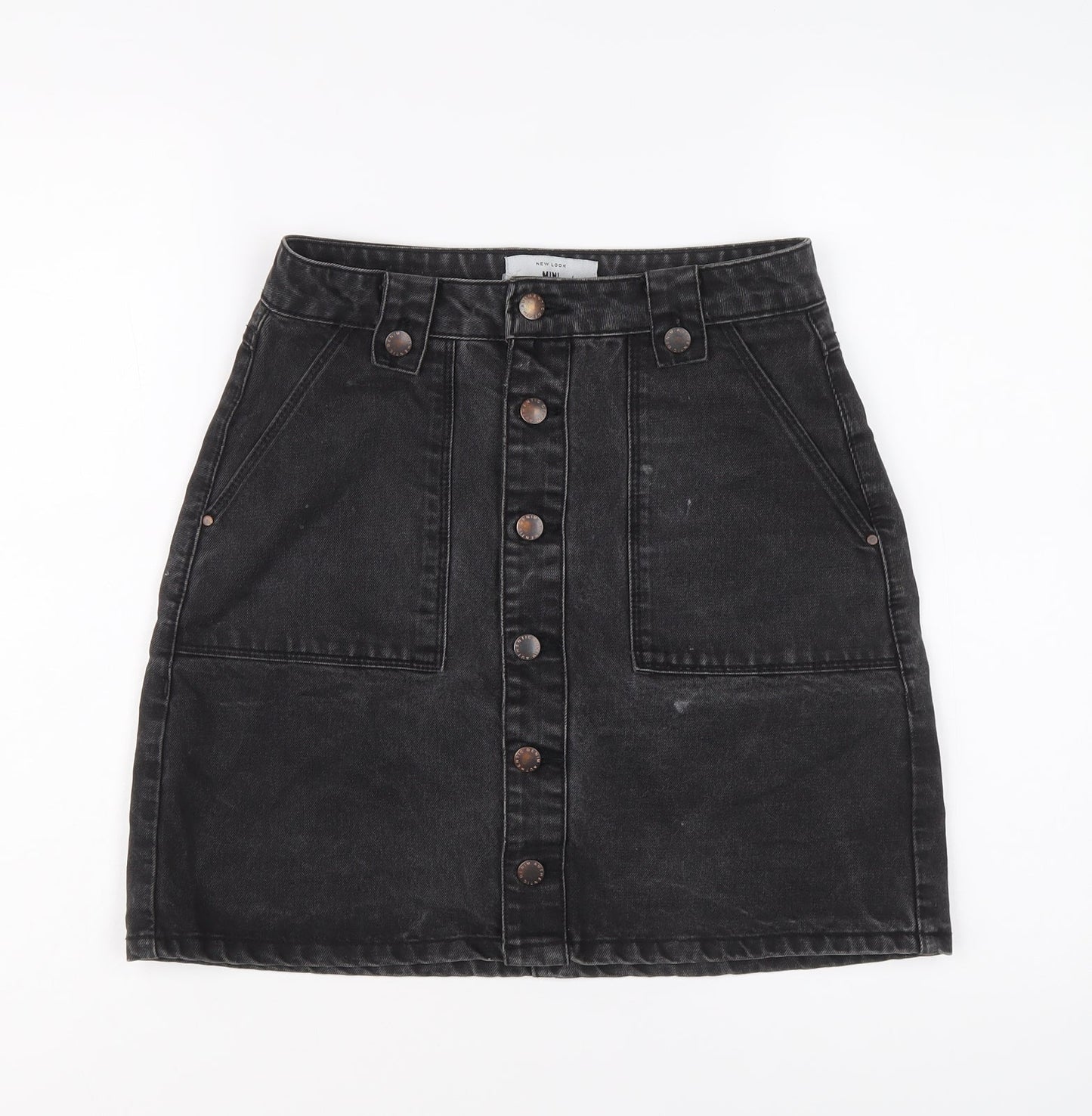 New Look Womens Black Cotton A-Line Skirt Size 8 Button