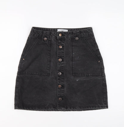 New Look Womens Black Cotton A-Line Skirt Size 8 Button