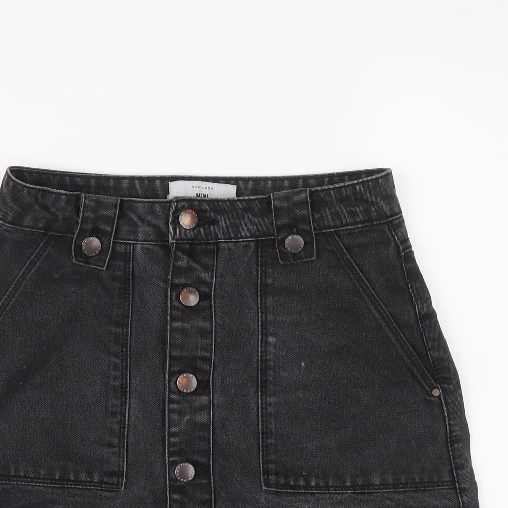 New Look Womens Black Cotton A-Line Skirt Size 8 Button