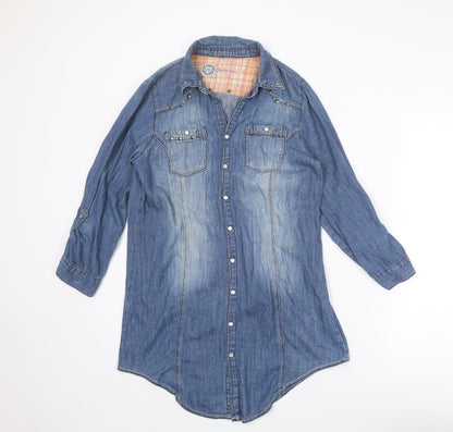 Heart & Soul Womens Blue Cotton Shirt Dress Size S Collared Snap
