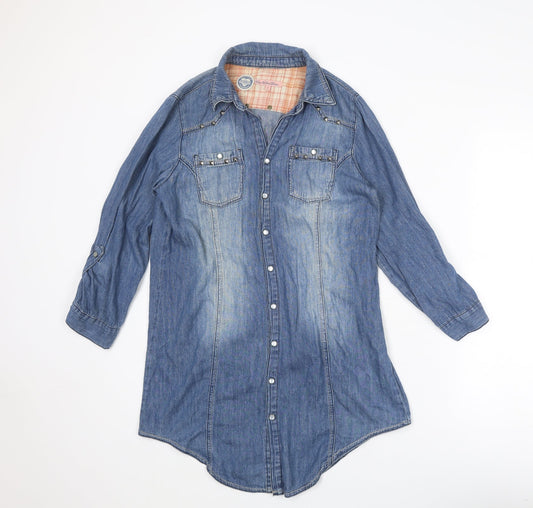 Heart & Soul Womens Blue Cotton Shirt Dress Size S Collared Snap