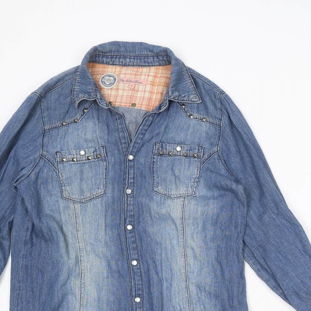 Heart & Soul Womens Blue Cotton Shirt Dress Size S Collared Snap