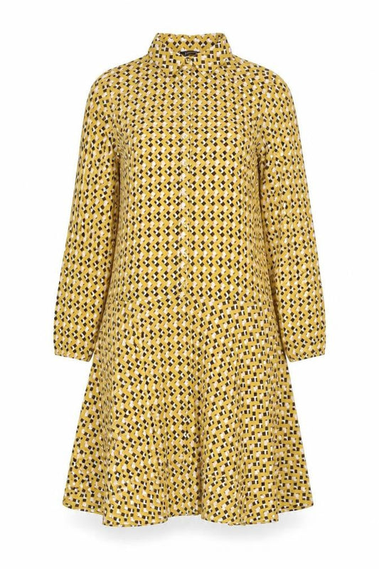 Front view of Kaleidoscope women’s yellow geometric polyester shirt dress, size UK 10, collared button