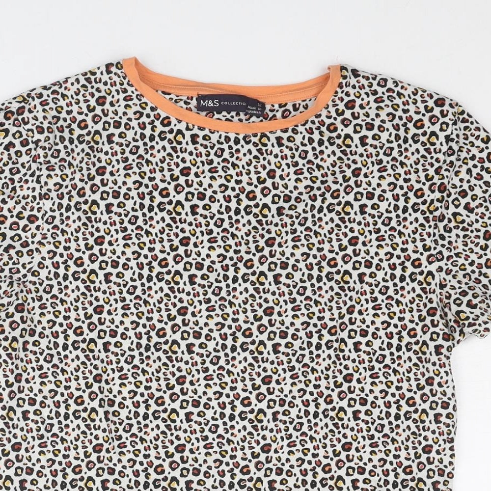 Marks and Spencer Womens Multicoloured Animal Print Viscose Basic T-Shirt Size 12 Round Neck - Leopard Print