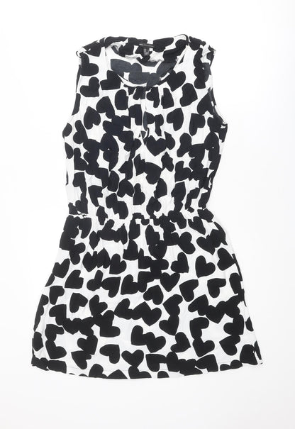 Mango Womens Black Geometric Viscose A-Line Size L Round Neck Hook & Eye - Heart pattern