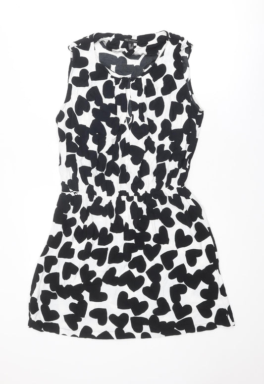 Mango Womens Black Geometric Viscose A-Line Size L Round Neck Hook & Eye - Heart pattern