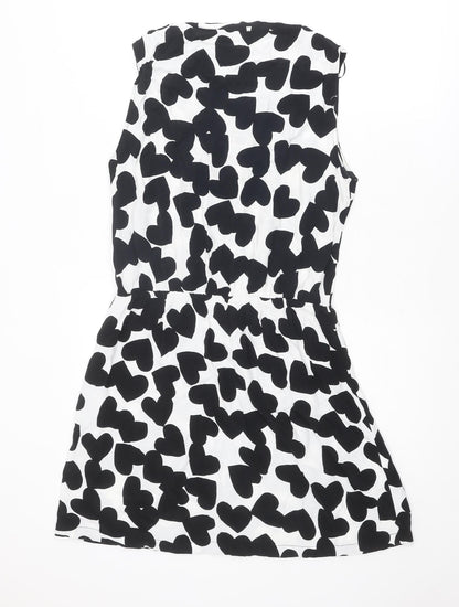 Mango Womens Black Geometric Viscose A-Line Size L Round Neck Hook & Eye - Heart pattern