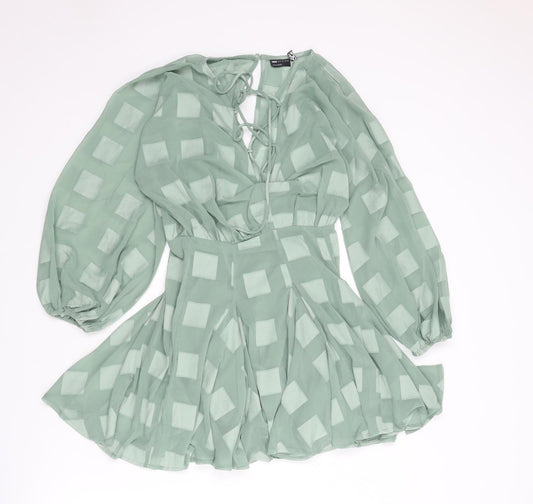 ASOS Womens Green Check Polyester Fit & Flare Size 4 V-Neck Zip