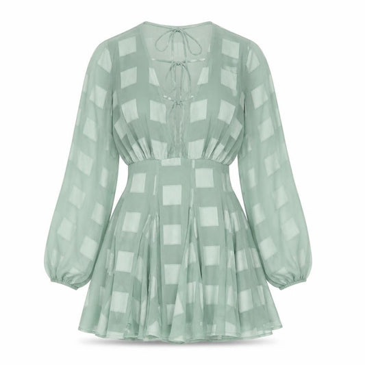 Front view of ASOS women’s green check polyester fit & flare, size UK 4, v-neck zip