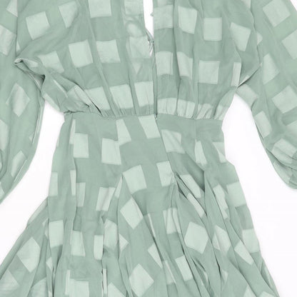 ASOS Womens Green Check Polyester Fit & Flare Size 4 V-Neck Zip