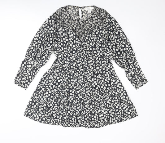 Topshop Womens Black Floral Polyester A-Line Size 10 Round Neck Zip