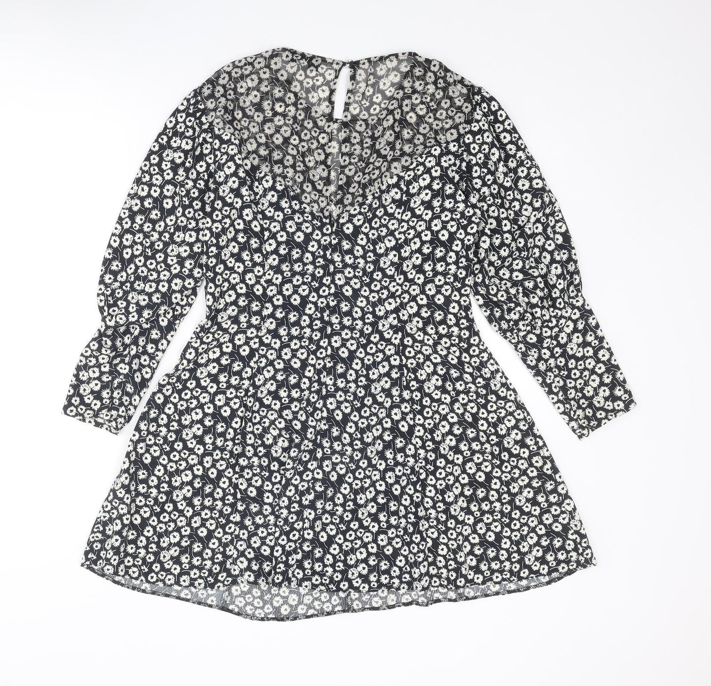 Topshop Womens Black Floral Polyester A-Line Size 10 Round Neck Zip
