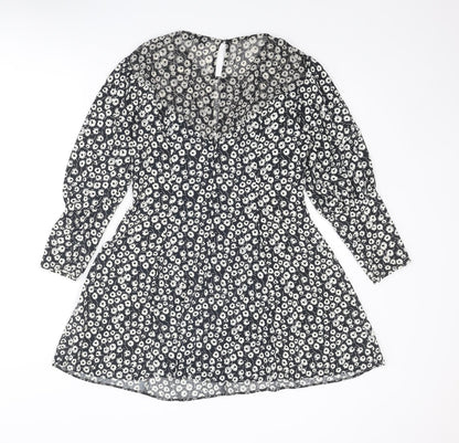 Topshop Womens Black Floral Polyester A-Line Size 10 Round Neck Zip