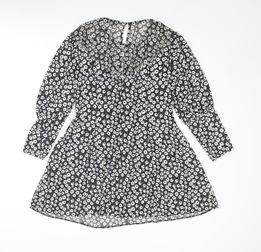 Topshop Womens Black Floral Polyester A-Line Size 10 Round Neck Zip
