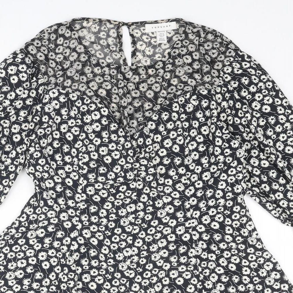 Topshop Womens Black Floral Polyester A-Line Size 10 Round Neck Zip