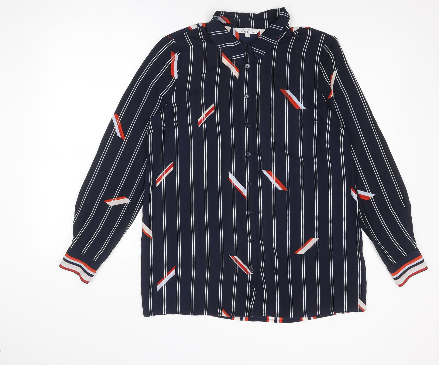 Preen Womens Blue Striped Polyester Basic Button-Up Size 12 Collared