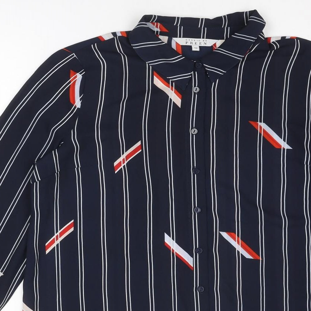 Preen Womens Blue Striped Polyester Basic Button-Up Size 12 Collared