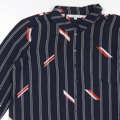 Preen Womens Blue Striped Polyester Basic Button-Up Size 12 Collared