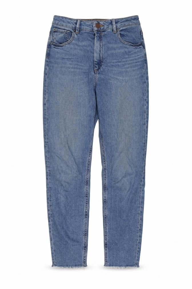Front view of ASOS women’s blue cotton tapered jeans, size UK 28, in, 32-inch leg regular zip - frayed hem