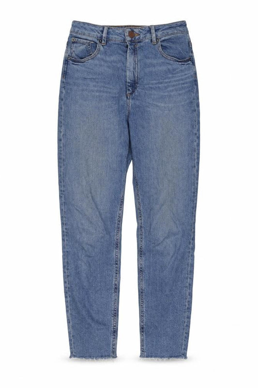 Front view of ASOS women’s blue cotton tapered jeans, size UK 28, in, 32-inch leg regular zip - frayed hem