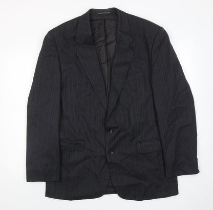 The label Mens Grey Striped Wool Jacket Suit Jacket Size 44 Regular