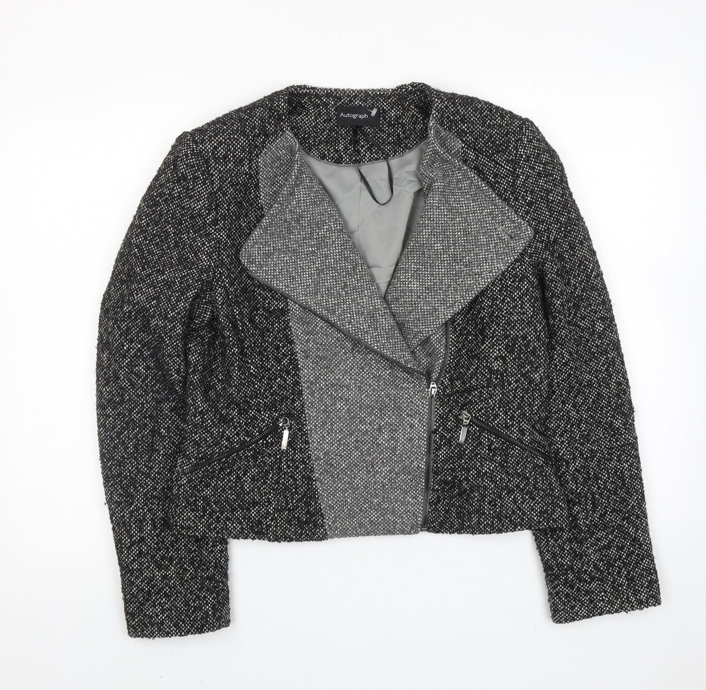 Autograph Womens Black Geometric Biker Jacket Size 12 Zip