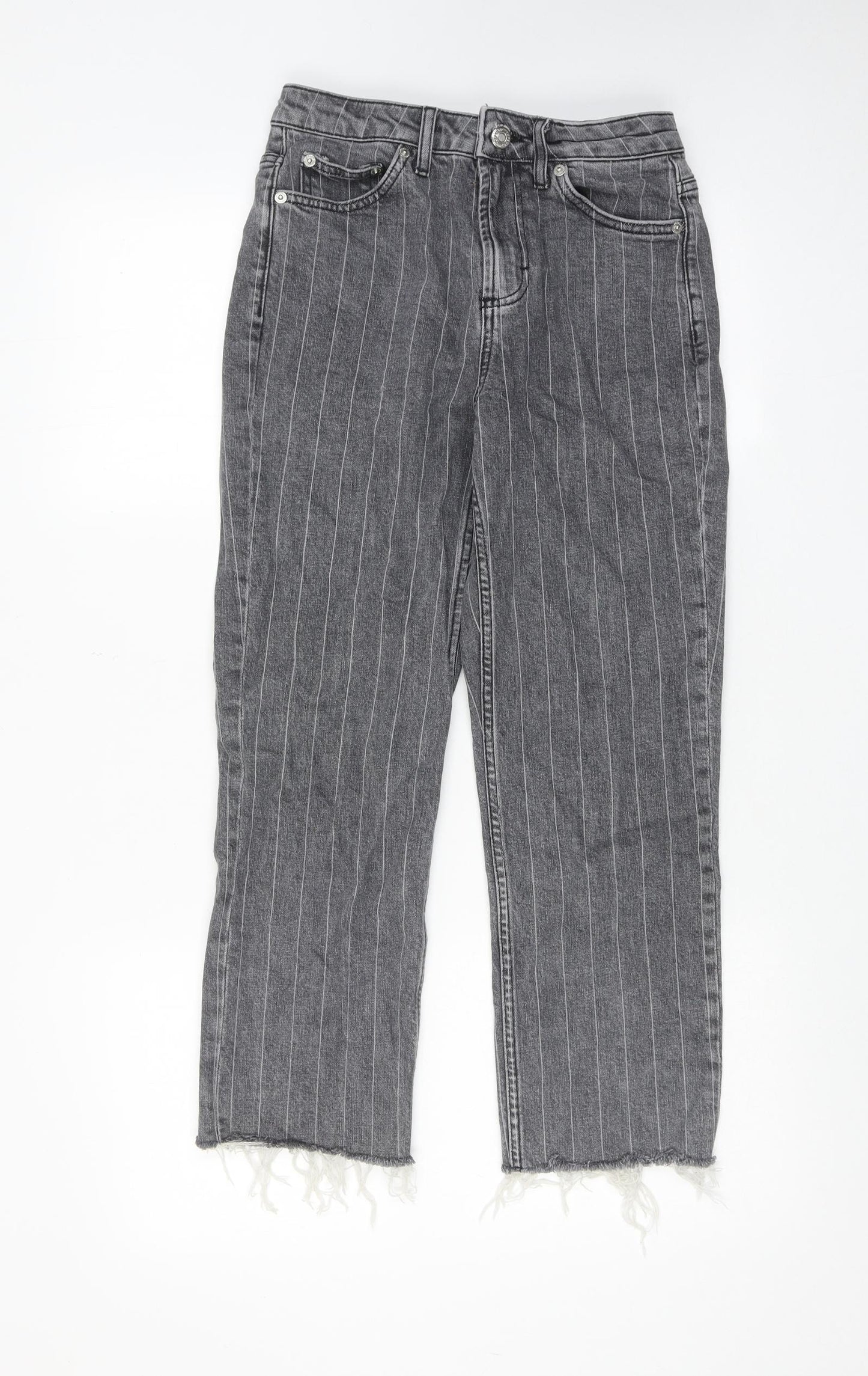 Topshop Womens Grey Striped Cotton Wide-Leg Jeans Size 26 in Regular Zip - Frayed Hem