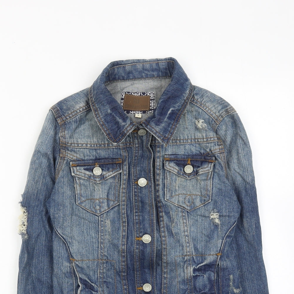 River Island Womens Blue Jacket Size 8 Button - Distressed Look