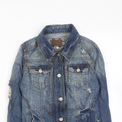 River Island Womens Blue Jacket Size 8 Button - Distressed Look