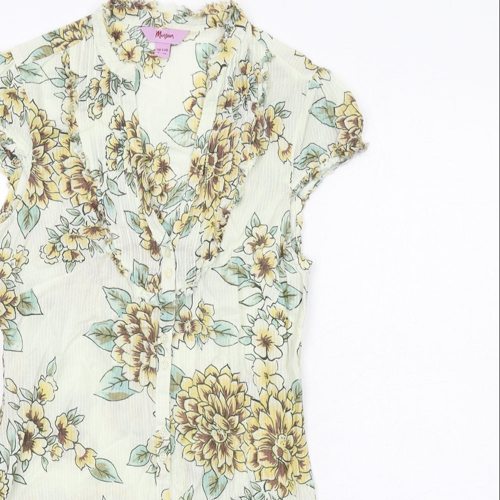 Monsoon Womens Green Floral Cotton A-Line Size 8 V-Neck Button