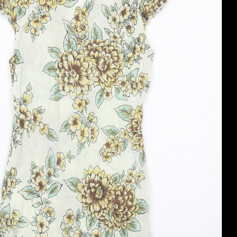 Monsoon Womens Green Floral Cotton A-Line Size 8 V-Neck Button