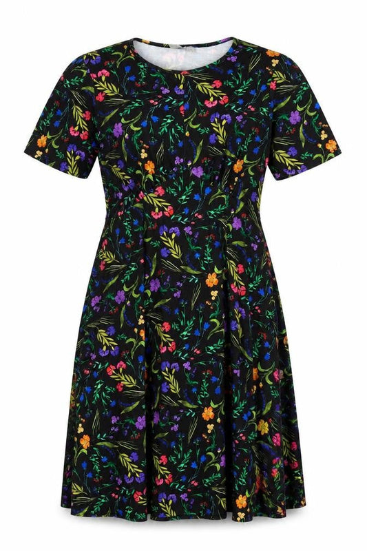 Front view of ASOS women’s multicoloured floral polyester t-shirt dress, size UK 8, round neck pullover