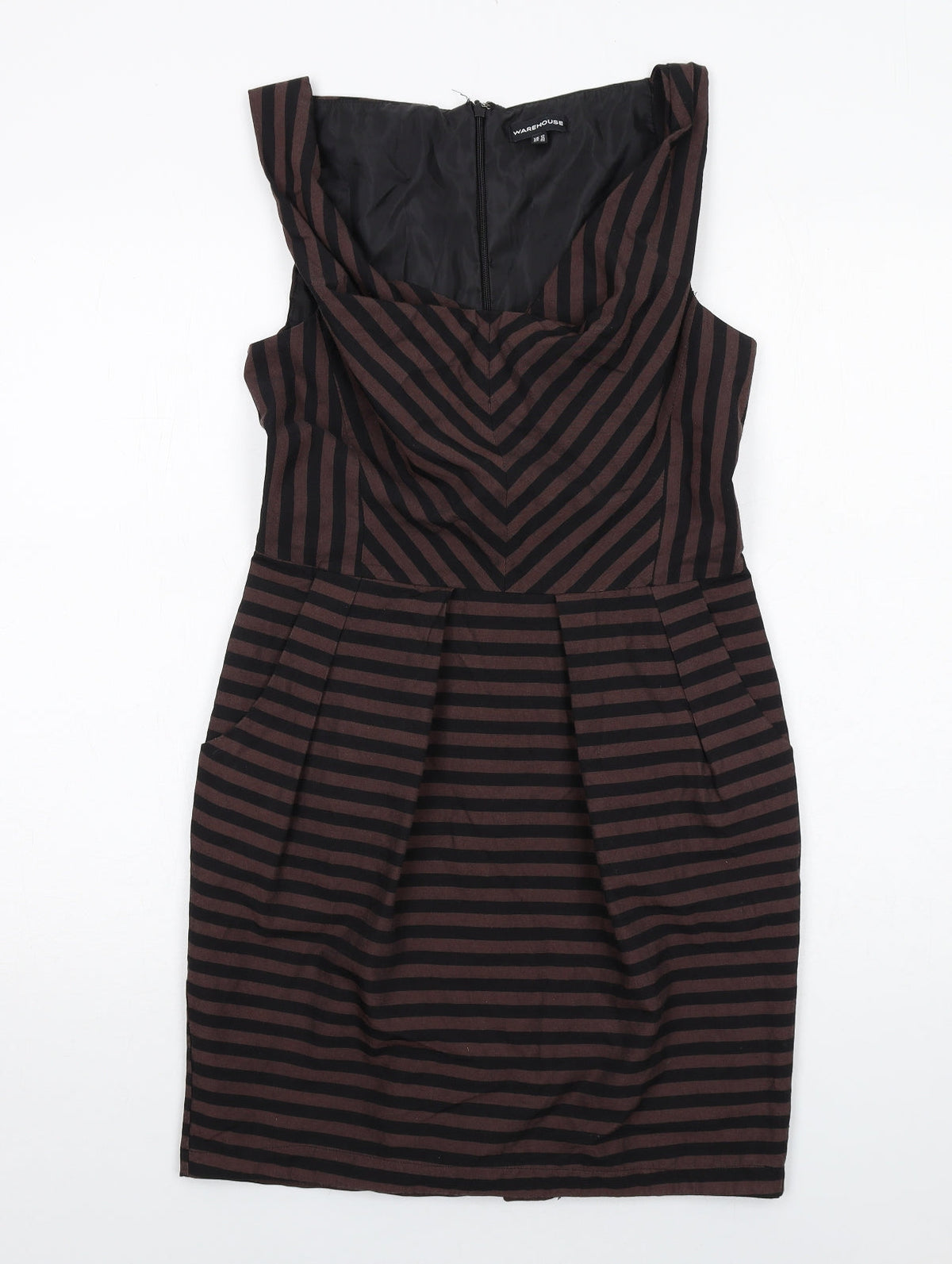 Warehouse Womens Brown Striped Polyester Shift Size 12 Cowl Neck Zip