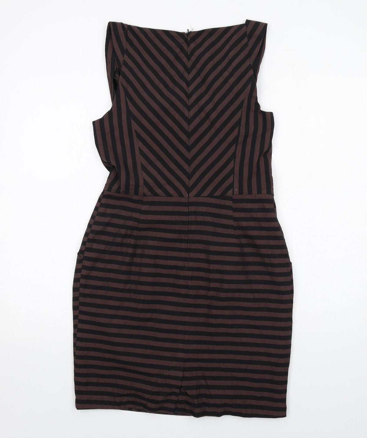 Warehouse Womens Brown Striped Polyester Shift Size 12 Cowl Neck Zip