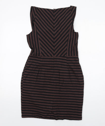 Warehouse Womens Brown Striped Polyester Shift Size 12 Cowl Neck Zip