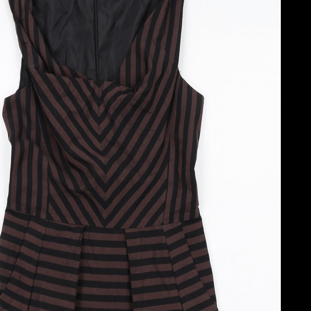 Warehouse Womens Brown Striped Polyester Shift Size 12 Cowl Neck Zip