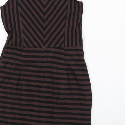 Warehouse Womens Brown Striped Polyester Shift Size 12 Cowl Neck Zip