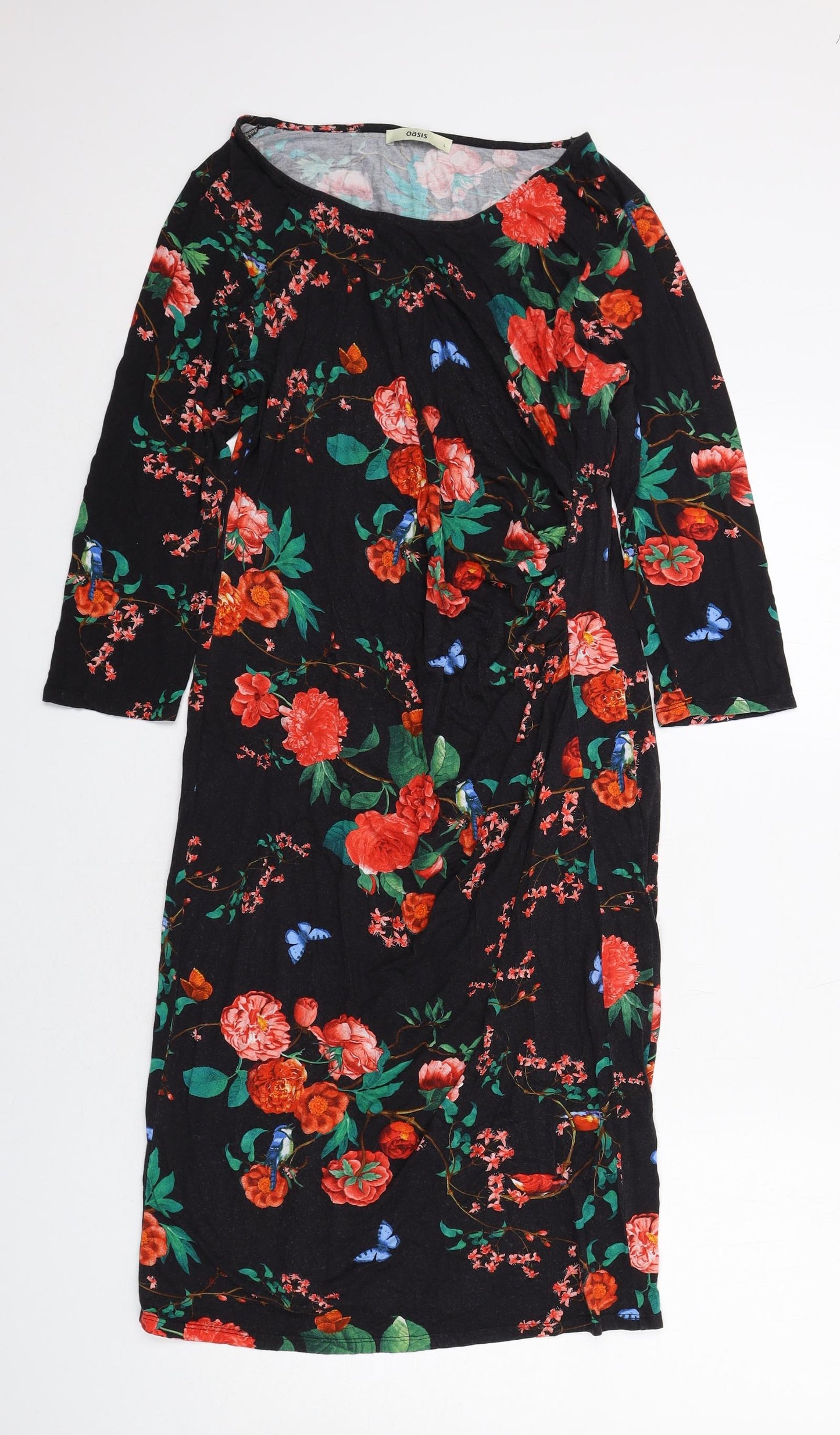 Oasis Womens Black Floral Viscose A-Line Size L Round Neck Pullover