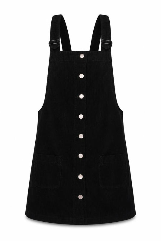 Front view of Cooperative women’s black cotton pinafore/dungaree dress, size XS, square neck button