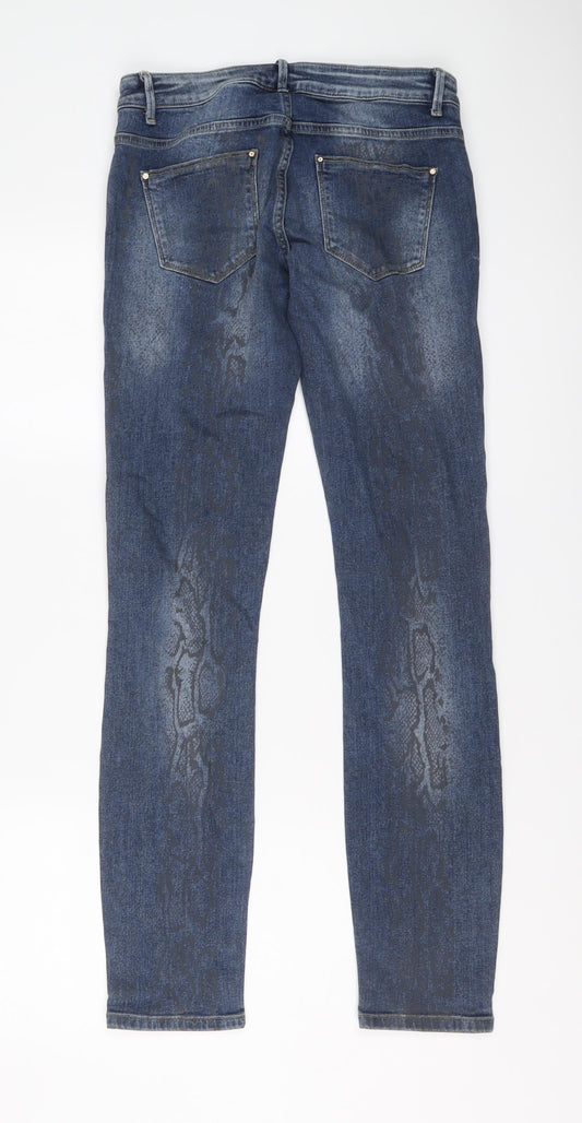 United Colors of Benetton Womens Blue Animal Print Cotton Skinny Jeans Size 28 in L31 in Regular Button - Snakeskin pattern