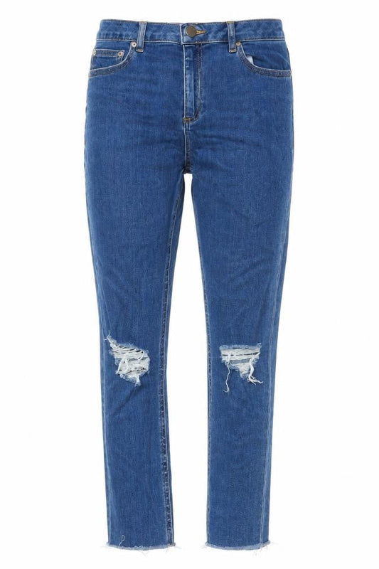 Front view of ASOS women’s blue cotton skinny jeans, size UK 30, in, 28-inch leg regular button