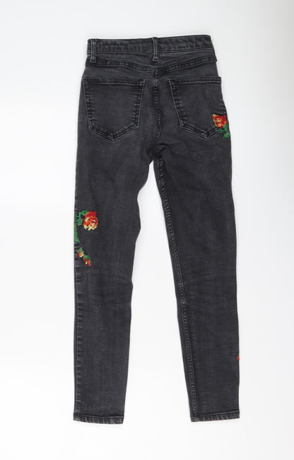 Topshop Womens Grey Floral Cotton Skinny Jeans Size 25 in L25 in Regular Button - Flower detail