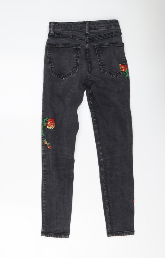 Topshop Womens Grey Floral Cotton Skinny Jeans Size 25 in L25 in Regular Button - Flower detail